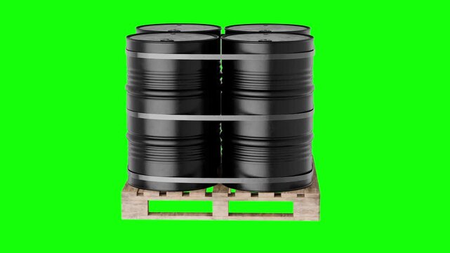 Black metal barrels rotating on a wooden pallet. Black metal barrels containing oil, fuel, gasoline, diesel, and chemical plant byproducts. Chemical and nuclear waste disposal.