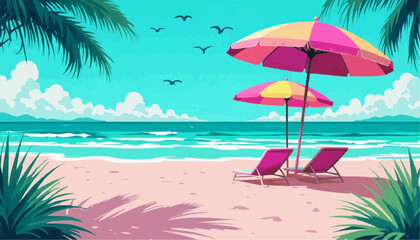 Obraz premium A retro beach scene.Flat design vector illustration.