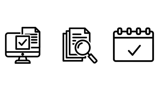 Digital document approval workflow and inspection icons set with document approval workflow inspection calendar business management paperwork magnifying research compliance validation