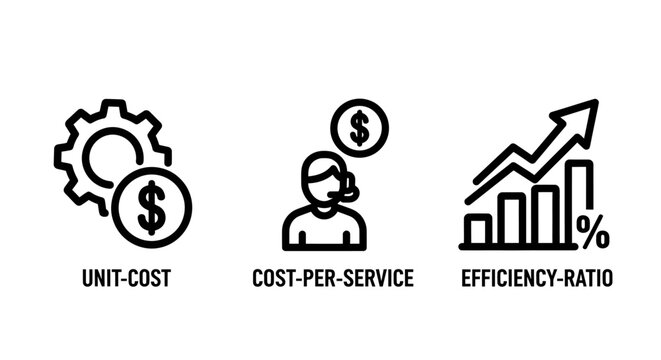 Business financial icons representing unit cost per service and efficiency ratio with efficiency business financial economics management calculation performance optimization productivity
