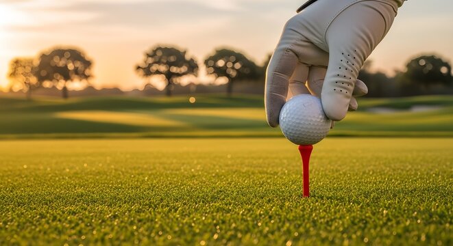 Golfer Placing Ball On Tee Ready For A Drive On The Green Course