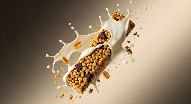 Delicious Granola Bar Splashed With Milk And Chocolate Chunks