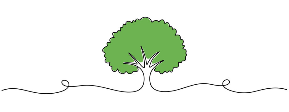 Green tree rooted on continuous line landscape illustration