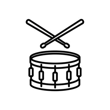 A simple line drawing of a snare drum with crossed drumsticks.