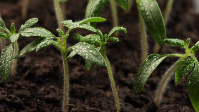 Tomato seedlings with drops of water sliding slowly, close-up.