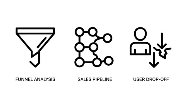 Sales and marketing icons: funnel analysis sales pipeline user drop-off with customer journey user flow line art marketing analysis pipeline conversion customers strategy analytics business