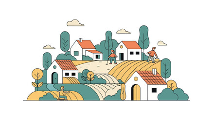 Illustration of a peaceful farm with houses and people working. © Mardiyo