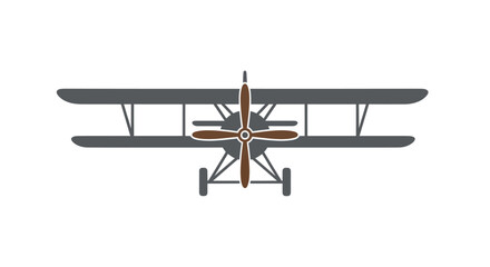 Front view of a vintage biplane illustration with a brown propeller on a white background. © Mardiyo