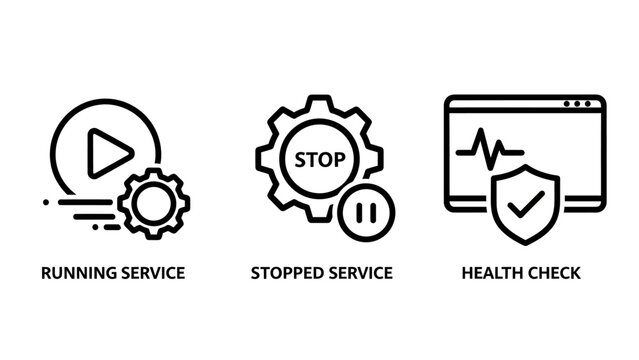 Service status icons: running stopped health check with maintenance icon system status health monitoring technical support operational status waveform performance operation maintenance