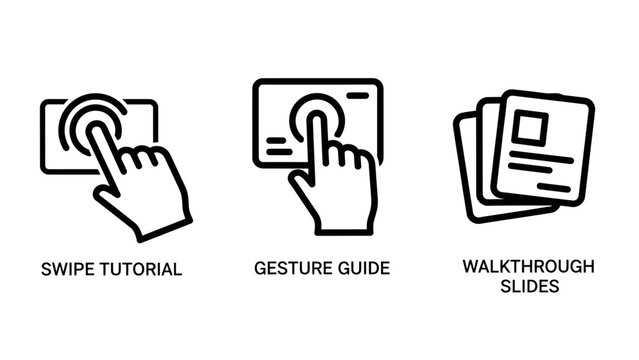 Touchscreen gesture and swipe tutorial icons with tutorial touchscreen interaction interface navigation collection technology computer communication information function instruction