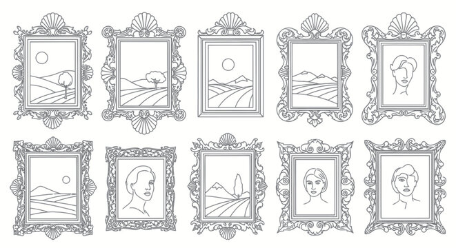 Collection of elegant ornate picture frames with landscape and portrait line art