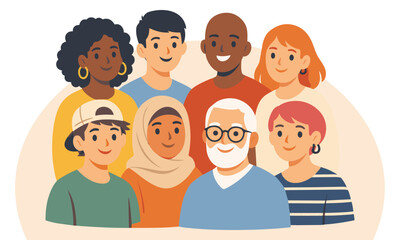Diverse group of people standing together representing multicultural community and inclusion flat vector illustration.