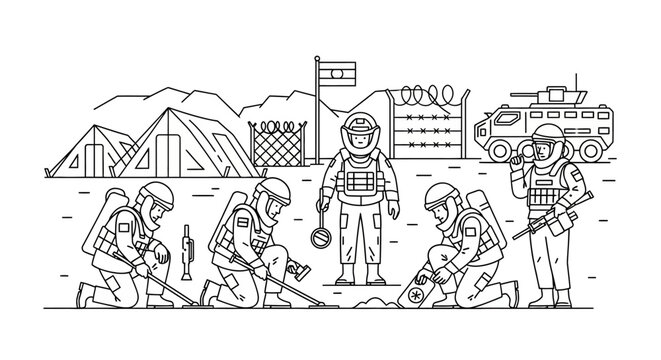 Military EOD team in action, detecting and clearing explosives in a war zone with armored vehicle.