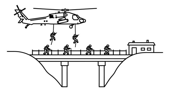 Military helicopter drops soldiers onto bridge for tactical operation