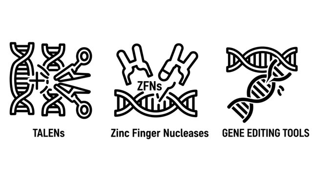 Icons illustrating gene editing technologies including tale ns zinc finger nucleases DNA with technology molecular genetics biotechnology research scissors modification laboratory experiment