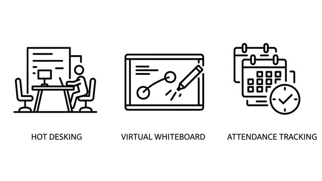 Business workflow and office management icons showing hot desks virtual whiteboard and attendance tracking systems for remote work with management business whiteboard attendance tracking computer