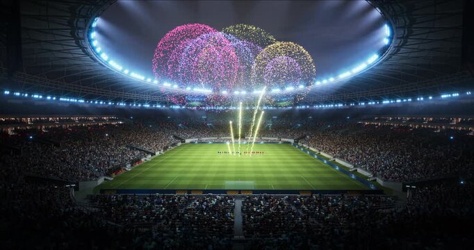 Soccer Championship Stadium Opening Ceremony With Fireworks Above the Field and a Packed Crowd Before Kick-off,  World League Cup Match Game Inside a Modern Arena. Wide Moving Forward Shot