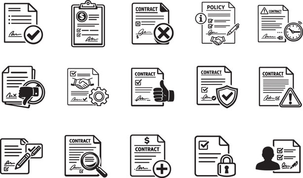 Document contract approval status icon set, outline style for finance, agreement, workflow UI.