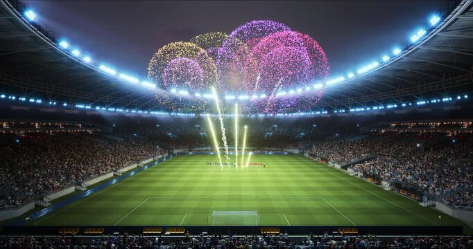 Soccer Championship Stadium Opening Ceremony ofWorld League Cup Match Game as Teams Line up for Kick-off and Fireworks Explode Above the Pitch, Big Event. Static Wide Shot