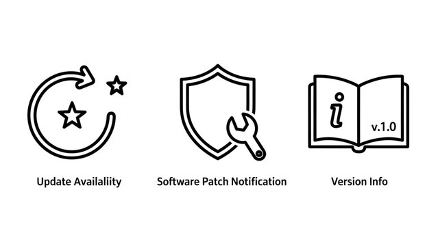 Comprehensive software maintenance icon set with update availability symbol security patch notification shield software version information manual software availability notification security