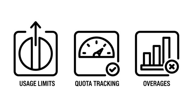 Resource monitoring icon set featuring usage limits indicator quota tracking speedometer gauge statistical chart for overage alerts in billing tracking overages management subscription