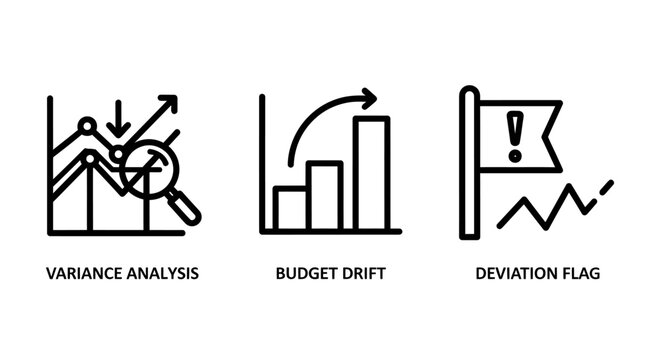 Variance analysis budget drift and deviation flag financial monitoring icons for business performance and audit tracking with variance analysis deviation business performance accounting tracking