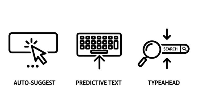 User interface icons for intelligent search features including auto-suggest predictive text and typeahead functionality with technology interface predictive typeahead software computer keyboard
