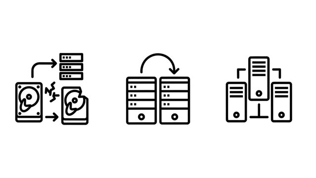 Server infrastructure and data management icons representing hard drive failure migration server synchronization and local area network connectivity for enterprise storage solutions with migration
