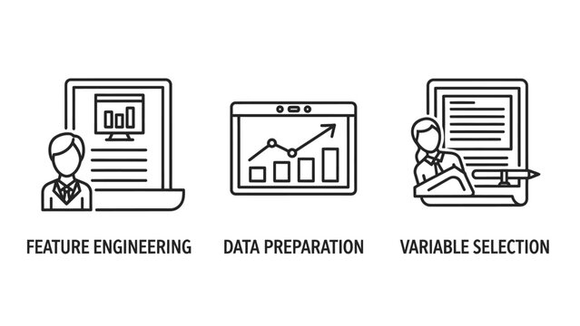 Data science process icons with text labels illustrating critical stages of feature engineering detailed data preparation strategic variable selection for machine learning models learning