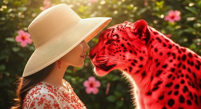 Woman In Hat With Red Leopard In Lush Garden