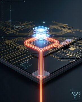 Stacked quantum processor with orange waveguide path on dark circuit board showcasing photonic load control and optical signal routing
