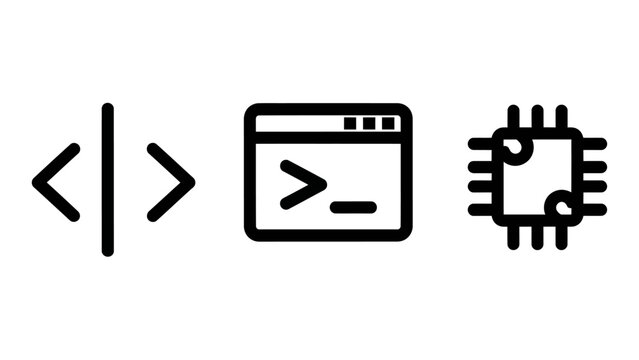 Software development and computer technology line art icons featuring programming code tags terminal command prompt electronic microchip programming technology software computer terminal
