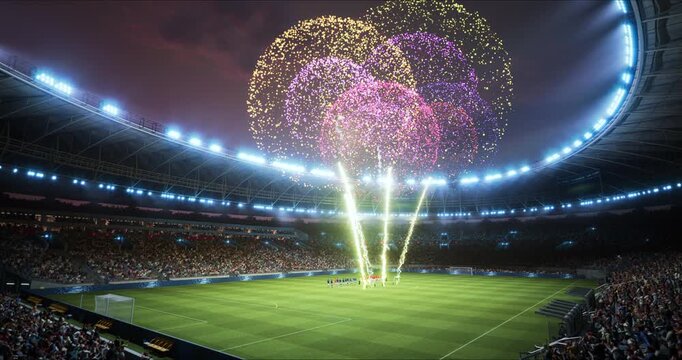 Soccer Stadium Captures a Championship Opening Ceremony, Players Stand in Line Before the Match Game. League Cup Fireworks Explode at World Stage Arena. Side Wide angle Static Shot. 
