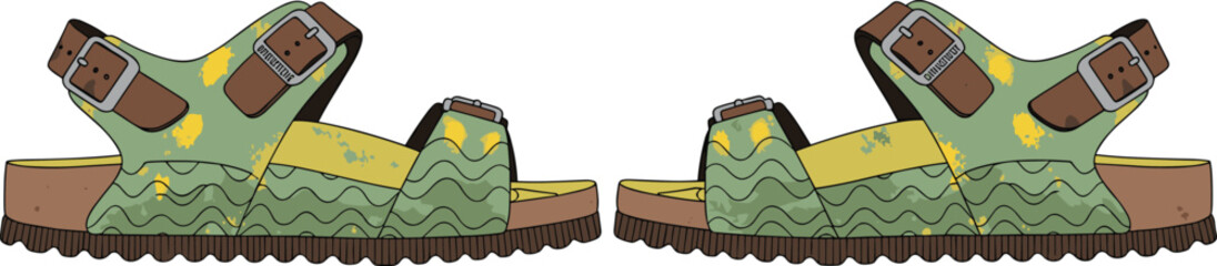 Camouflage military sandals vector illustration with adjustable buckles isolated summer footwear design for casual wear, outdoor activities and fashion collection © mdanichur
