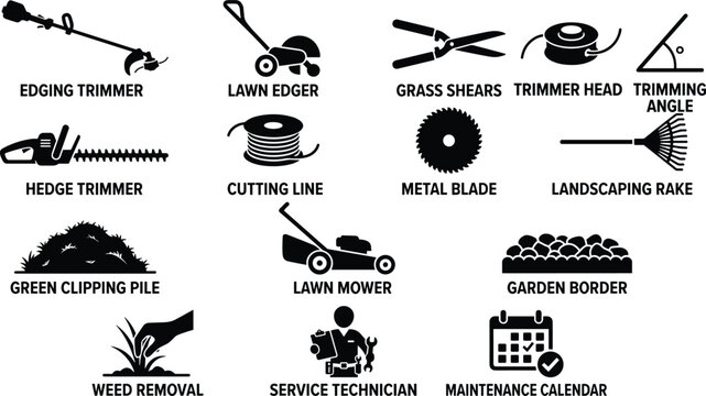 Flat design vector illustration of gardening and lawn care tools set with maintenance calendar