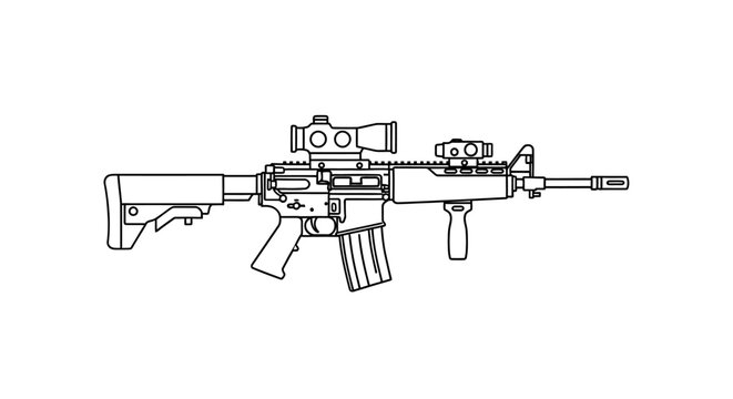 Modern Assault Rifle with Scope and Accessories - Line Art Illustration