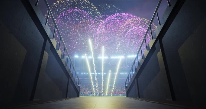 Stadium as Soccer Championship Players Standing in Line at Opening Ceremony Fireworks Explode Above Teams Before the Match Game Start at World League Cup. Entrance Tunnel Moving Camera 