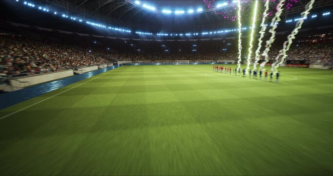 Packed Soccer Stadium with Teams Standing as Championship Opening Ceremony Begins with Fireworks Explode Above Fierld. Major League Cup World Match Game. Aerial Tilt Camera Side Glide.  