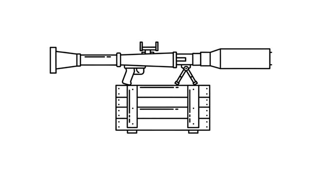 Rocket Launcher on Wooden Crate, Military Weapon, Line Art Illustration