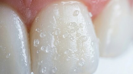 Fototapeta premium Close up of clean white tooth with sugar crystals symbolizing dental health risk minimal white background