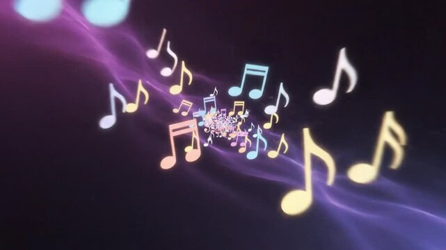 Abstract Musical Journey Through a Luminous Cosmic Soundscape with Vibrant Notes Floating in Space