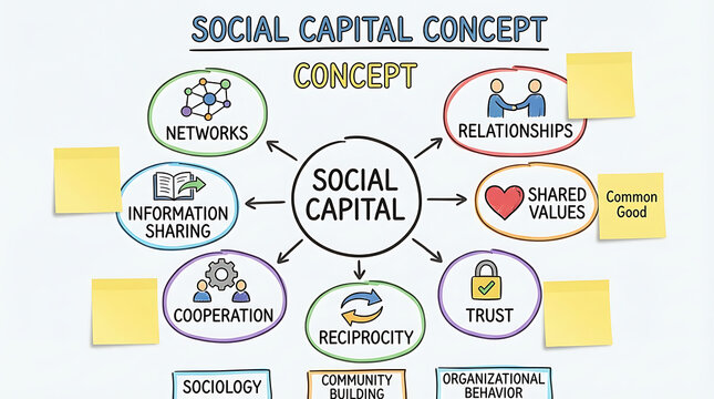 Conceptual diagram of social capital depicting intricate network trust reciprocity cooperation sociology and community building value for effective organization and information sharing