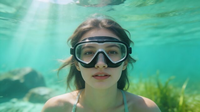 Underwater portrait of a woman with diving mask