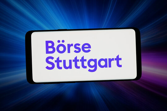 Stuttgart, Germany - 04-09-2026: In this photo illustration, the logo of German stock exchange Boerse Stuttgart is displayed on a smartphone in front of abstract background on computer screen.