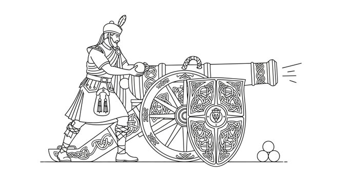 Scottish Highlander Firing an Ancient Cannon with Celtic Design