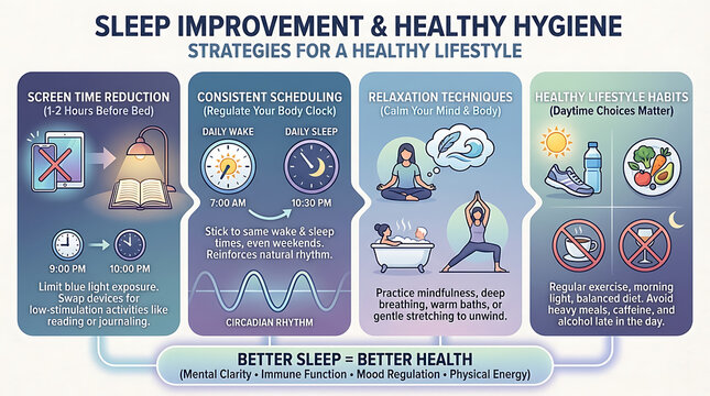 Effective sleep hygiene infographic showcasing wellness strategies including consistent scheduling, screen time reduction, meditation techniques, and healthy habits for improved quality of life.