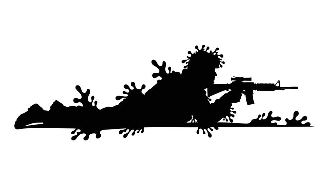 Silhouette of soldier crawling with assault rifle, camouflage, tactical gear, military action