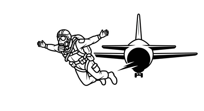 Skydiver Jumps From Jet Plane Wearing Gas Mask, Military Parachutist Mid-Air Action