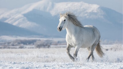 Fototapeta premium White Horse Galloping Through Snowy Landscape With Mountains In Background. Symbol Of Freedom And Nature'S Beauty