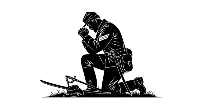 Soldier Praying on Knees, Civil War Era, Sword and Hat on Ground, Faith and Hope